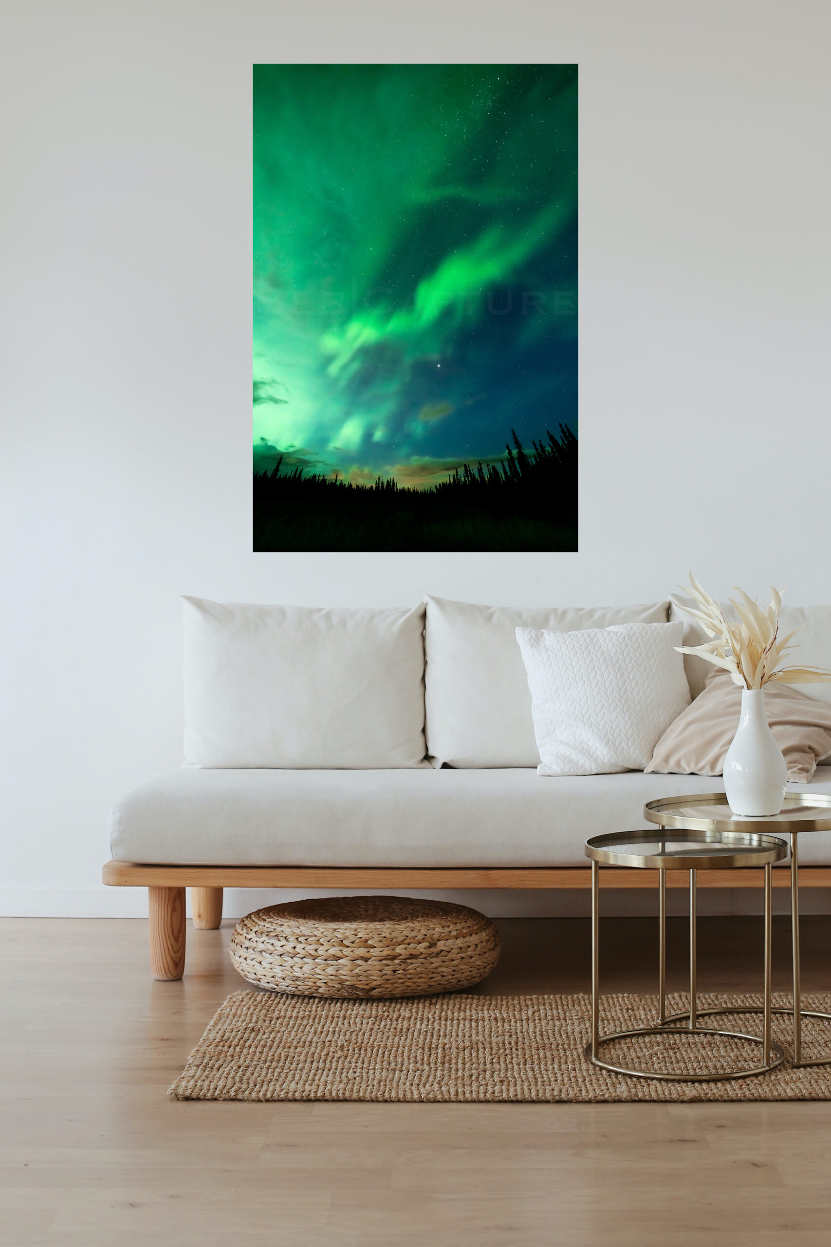 frame of a northern lights, displayed in a living room